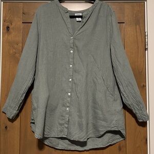 Sigrid Olsen Linen Button down blouse top Tunic Womens L Sage Lagenlook Coastal